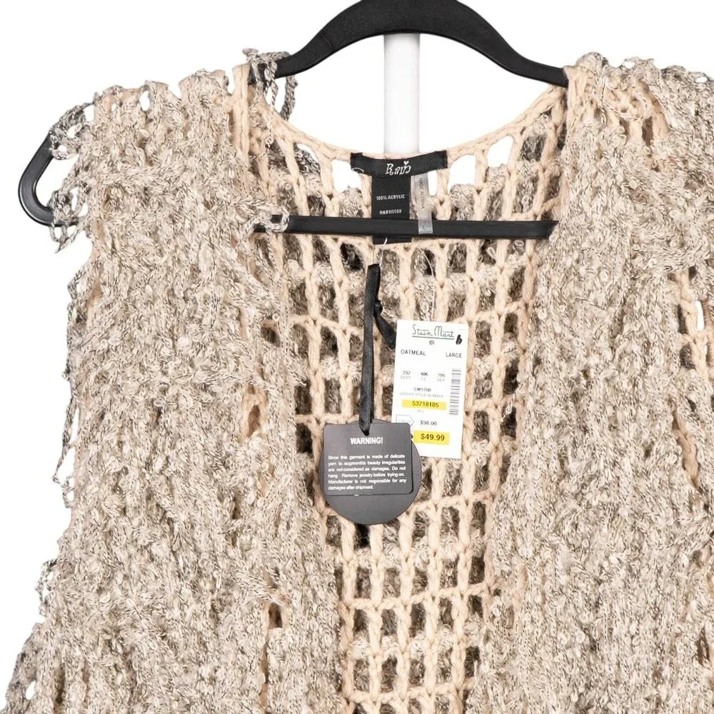 Rain Boho Shaggy Knit Open Vest L NEW Fringed Acrylic Crochet Lagenlook Long - Picture 2 of 6